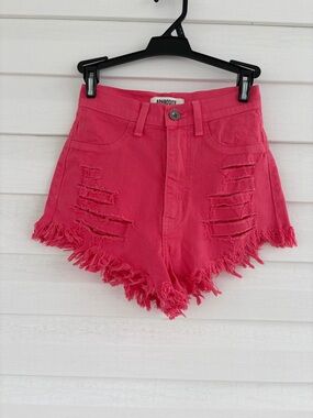 Aphrodite Bright Pink Denim Shorts Frayed Hem Y2K Summer